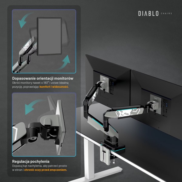 Uchwyt regulowany na 2 monitory 35 cali RGB Diablo X-Arm Dual, szaro-czarny