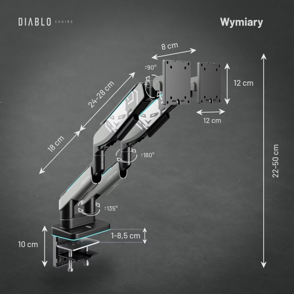 Uchwyt regulowany na 2 monitory 35 cali RGB Diablo X-Arm Dual, szaro-czarny