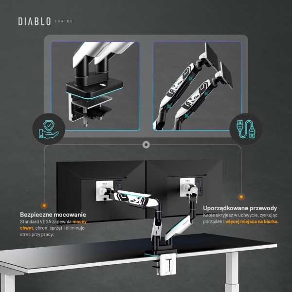 Uchwyt regulowany na 2 monitory 35 cali RGB Diablo X-Arm Dual, biało-czarny