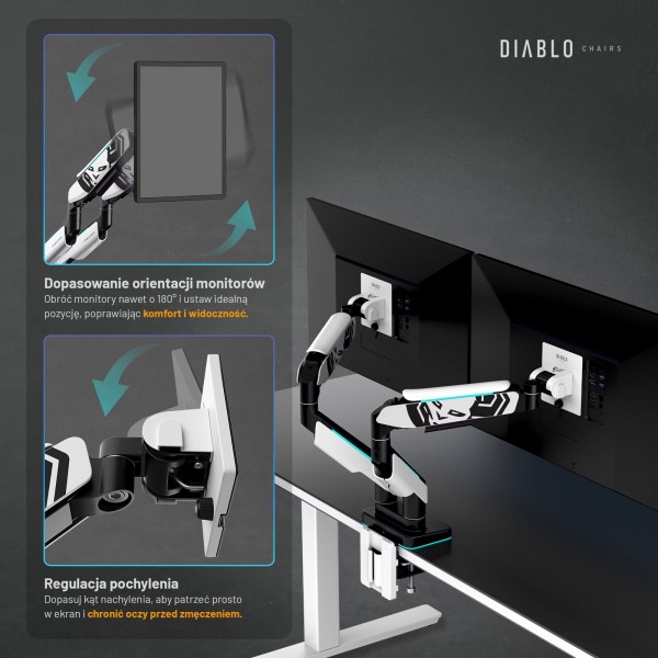 Uchwyt regulowany na 2 monitory 35 cali RGB Diablo X-Arm Dual, biało-czarny