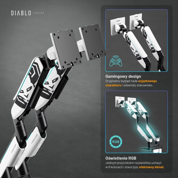 Uchwyt regulowany na 2 monitory 35 cali RGB Diablo X-Arm Dual, biało-czarny