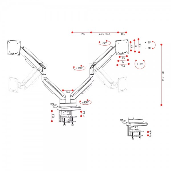 Uchwyt regulowany na 2 monitory 35 cali RGB Diablo X-Arm Dual, biało-czarny