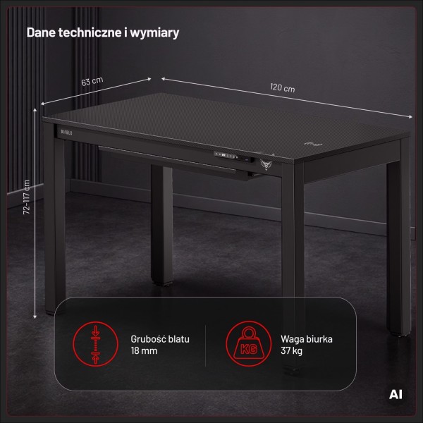 Biurko gamingowe z elektryczną regulacją wysokości Diablo X-Rift 120x63 cm, czarne