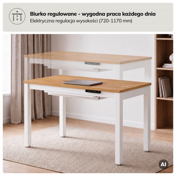 Biurko elektryczne regulowane Evan 120x63 cm, dąb złoty/biały