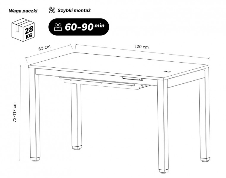 Biurko elektryczne regulowane Evan 120x63 cm, kolor czarny