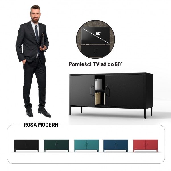 Metalowa szafka RTV dwudrzwiowa Modern Rosa, czarna