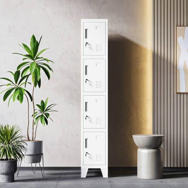 Wąska szafa socjalna 4-skrytkowa Robert 1 Plus, 29,2x45x172 cm, biała