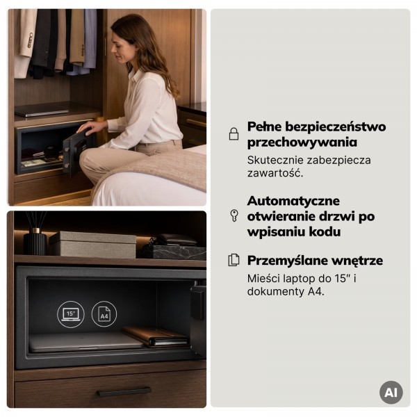 Sejf hotelowy na laptopa 15″ i dokumenty A4 elektroniczny Alfred