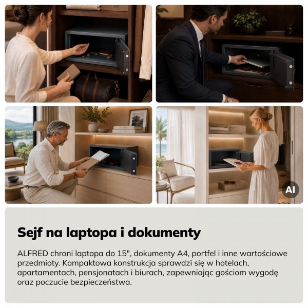 Sejf hotelowy na laptopa 15″ i dokumenty A4 elektroniczny Alfred