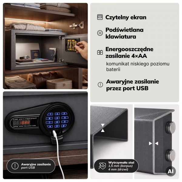 Sejf hotelowy na laptopa 15″ i dokumenty A4 elektroniczny Alfred