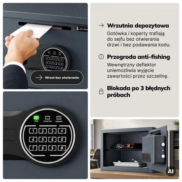 Sejf wrzutowy elektroniczny na gotówkę i utarg Pierce