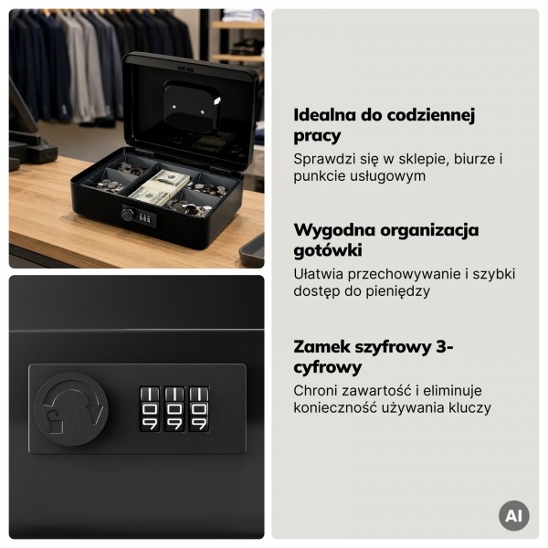 Kasetka na pieniądze z szyfrem i wyjmowaną tacką na bilon i banknoty Gregory