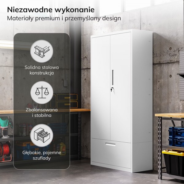 Szafa metalowa wielofunkcyjna Megan z wysoką szufladą, biała