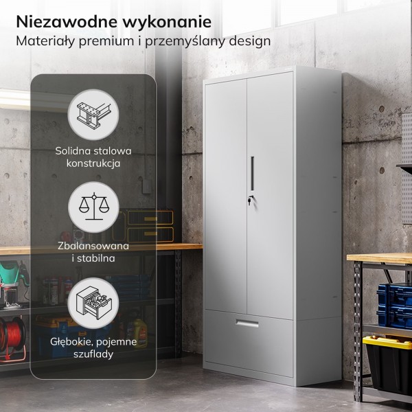 Szafa metalowa wielofunkcyjna Megan z wysoką szufladą, szara