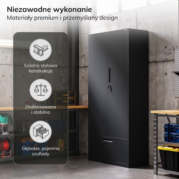 Szafa metalowa wielofunkcyjna Megan z wysoką szufladą, czarna