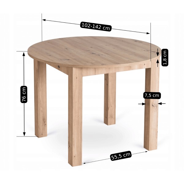 Okrągły stół rozkładany Harry 102-142 cm do małej jadalni, dąb artisan