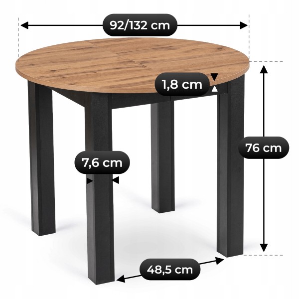 Okrągły stół Harry rozkładany 92-132 cm, dąb craft/czarny