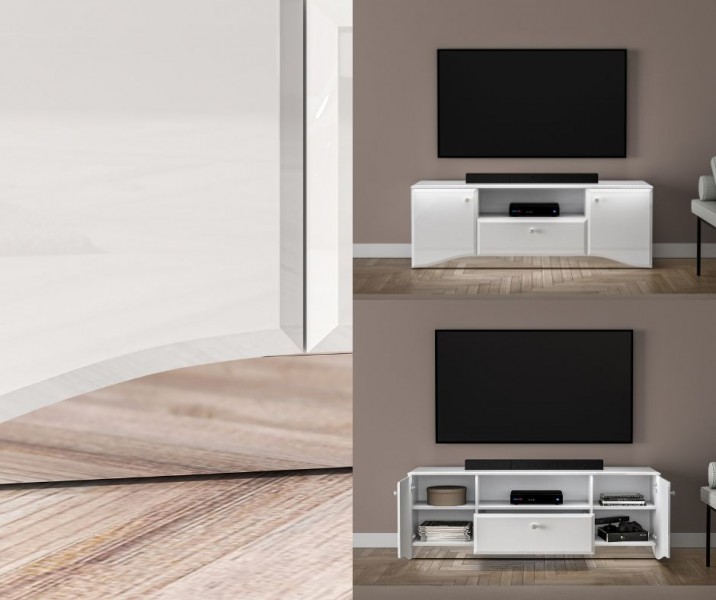 Szafka RTV 160 cm z oświetleniem LED Glamour 03, biały połysk