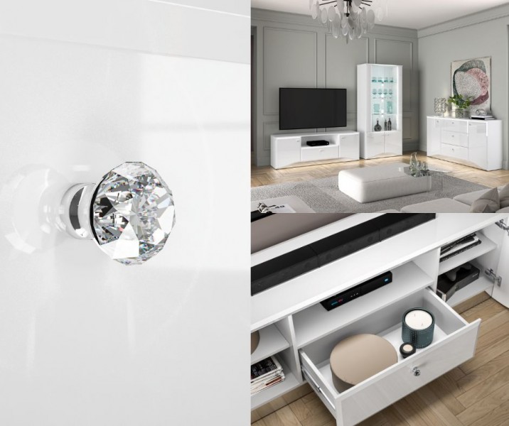 Szafka RTV 160 cm z oświetleniem LED Glamour 03, biały połysk