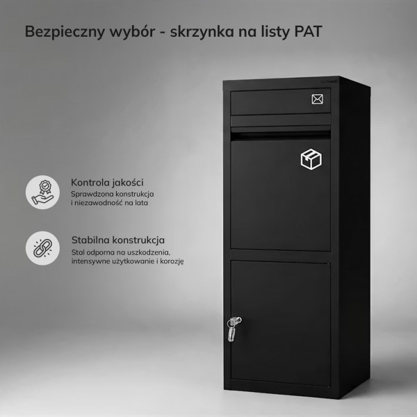 Skrzynka na paczki kurierskie i listy z zamkiem Pat, czarna