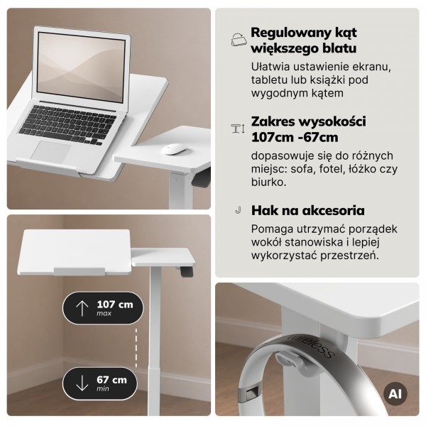 Stolik pod laptopa na kółkach, regulowany Bill, biały
