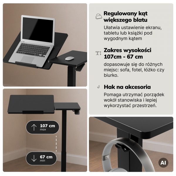 Stolik pod laptopa na kółkach, regulowany Bill, czarny