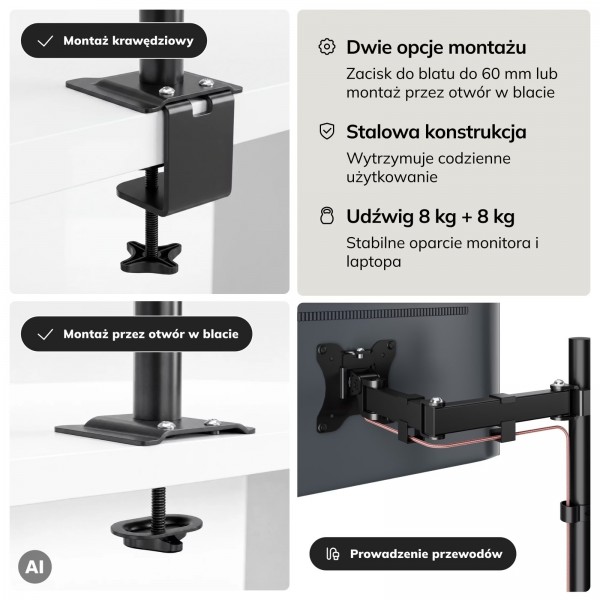Uchwyt na monitor i laptop Mark, czarny