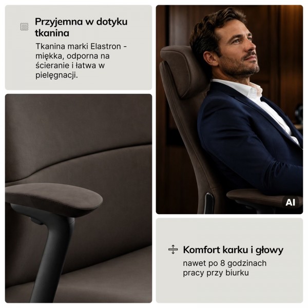 Ergonomiczny fotel biurowy tapicerowany Command, brązowa tkanina