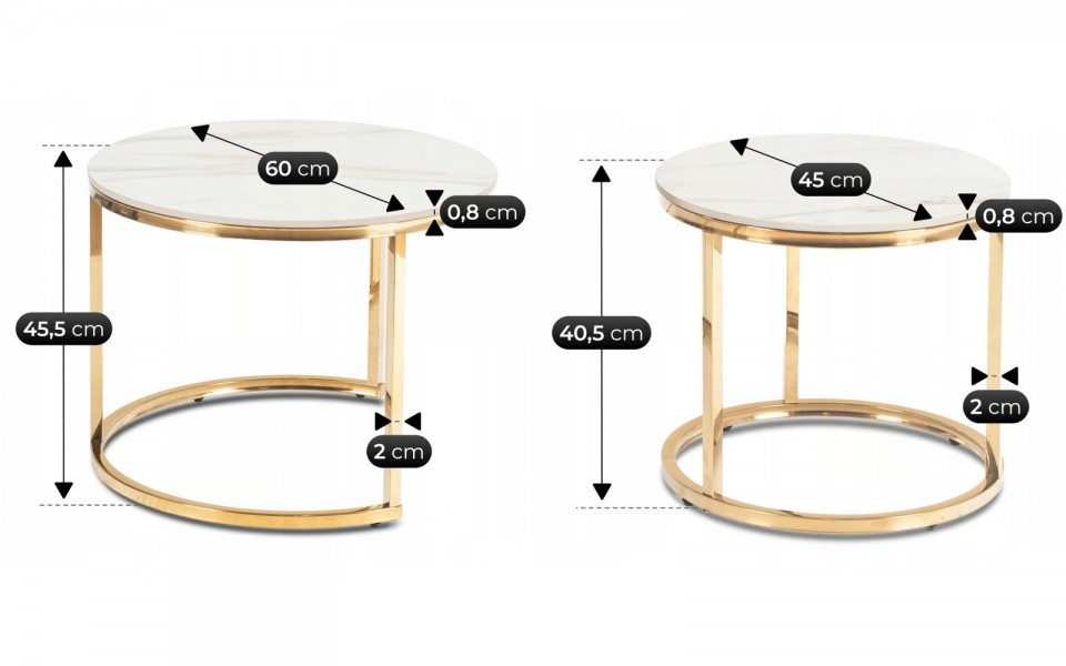 Zestaw ceramicznych stolików Milano 60 cm i 45 cm, biały marmur/złoty