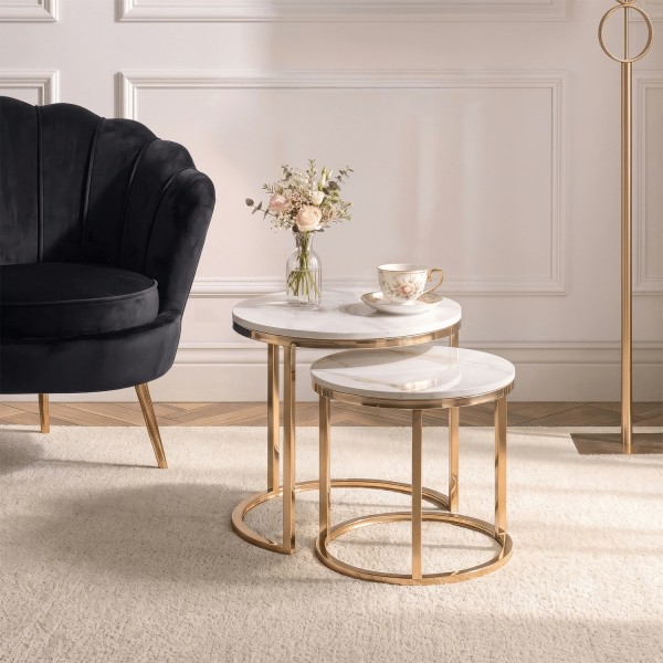 Zestaw ceramicznych stolików Milano 60 cm i 45 cm, biały marmur/złoty