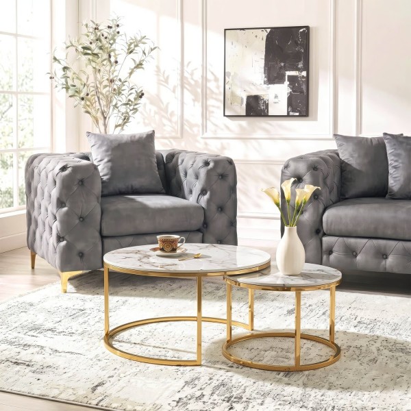 Zestaw ceramicznych stolików Milano 80 cm i 60 cm, biały marmur/złoty