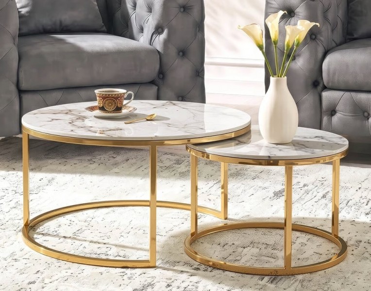 Zestaw ceramicznych stolików Milano 80 cm i 60 cm, biały marmur/złoty