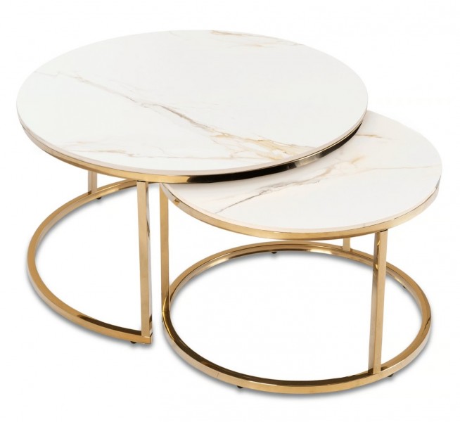 Zestaw ceramicznych stolików Milano 80 cm i 60 cm, biały marmur/złoty