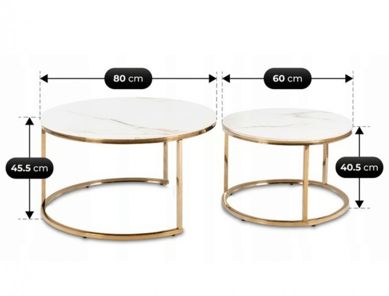 Zestaw ceramicznych stolików Milano 80 cm i 60 cm, biały marmur/złoty