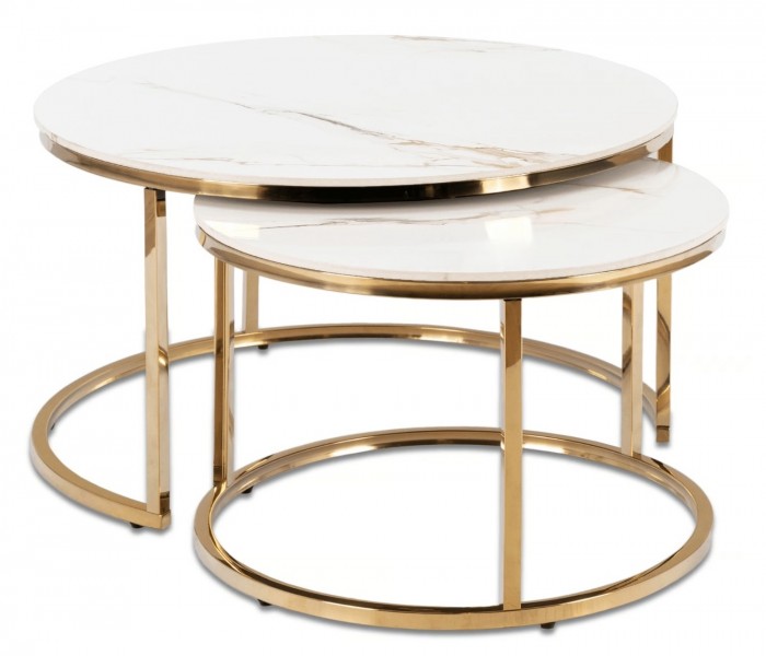 Zestaw ceramicznych stolików Milano 80 cm i 60 cm, biały marmur/złoty