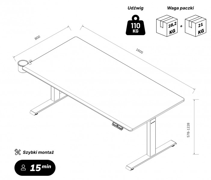 Duże biurko sit-stand do pracy Aria 160×80 cm, dąb sonoma/antracyt