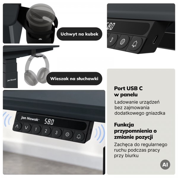 Duże biurko sit-stand do pracy Aria 160×80 cm, antracyt