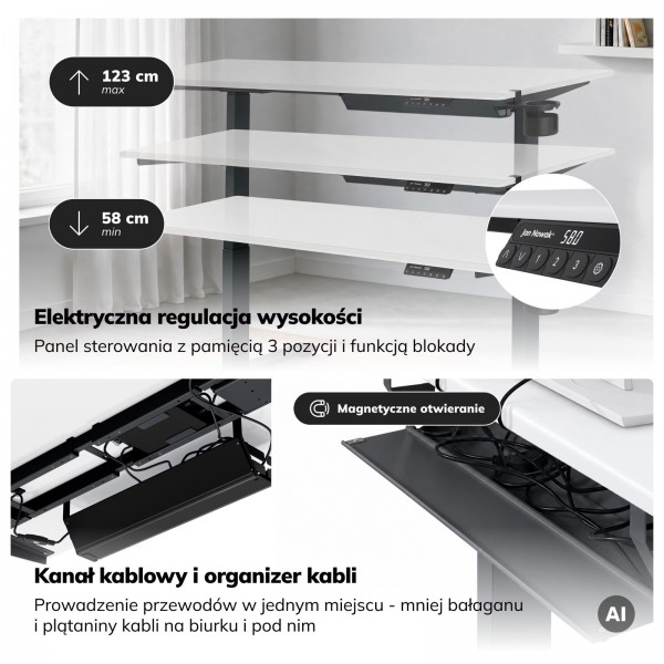 Duże biurko sit-stand do pracy Aria 160×80 cm, blat biały/podstawa antracyt