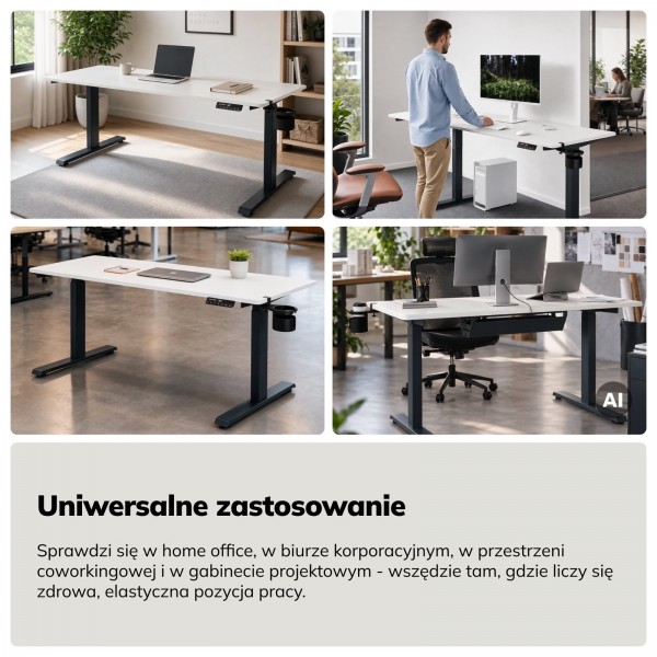 Duże biurko sit-stand do pracy Aria 160×80 cm, blat biały/podstawa antracyt