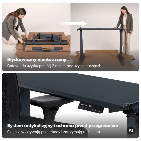 Duże biurko sit-stand do pracy Aria 160×80 cm, blat biały/podstawa antracyt