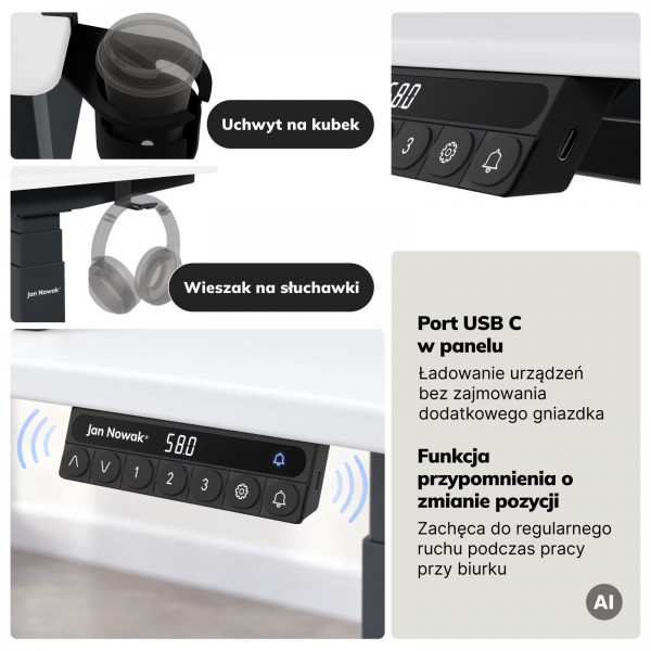 Duże biurko sit-stand do pracy Aria 160×80 cm, blat biały/podstawa antracyt
