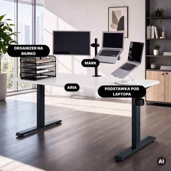 Duże biurko sit-stand do pracy Aria 160×80 cm, blat biały/podstawa antracyt