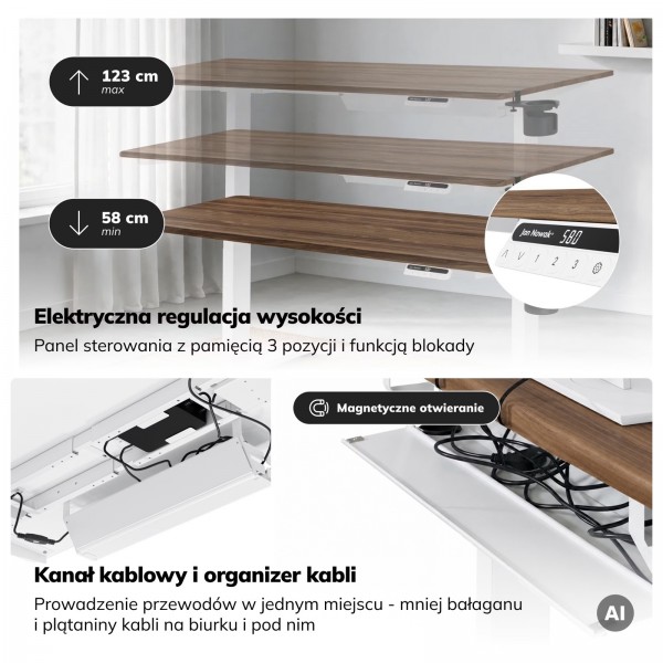 Duże biurko sit-stand do pracy Aria 160×80 cm, orzech/biały