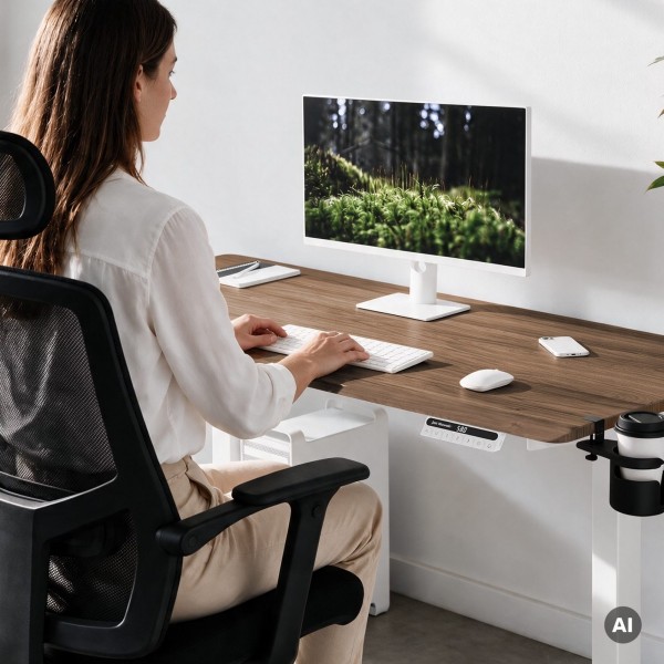 Duże biurko sit-stand do pracy Aria 160×80 cm, orzech/biały