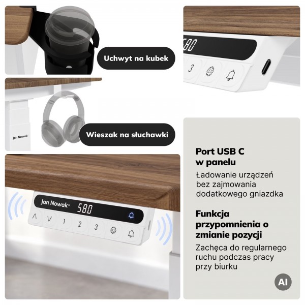 Duże biurko sit-stand do pracy Aria 160×80 cm, orzech/biały