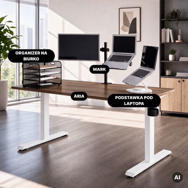 Duże biurko sit-stand do pracy Aria 160×80 cm, orzech/biały