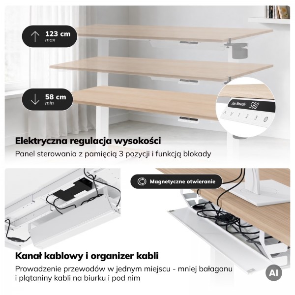 Duże biurko sit-stand do pracy Aria 160×80 cm, dąb sonoma/biały