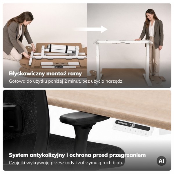 Duże biurko sit-stand do pracy Aria 160×80 cm, dąb sonoma/biały