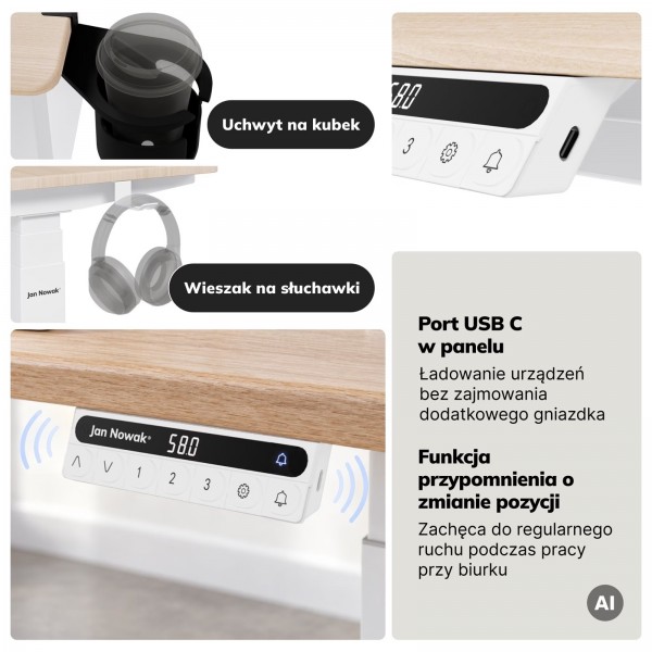 Duże biurko sit-stand do pracy Aria 160×80 cm, dąb sonoma/biały