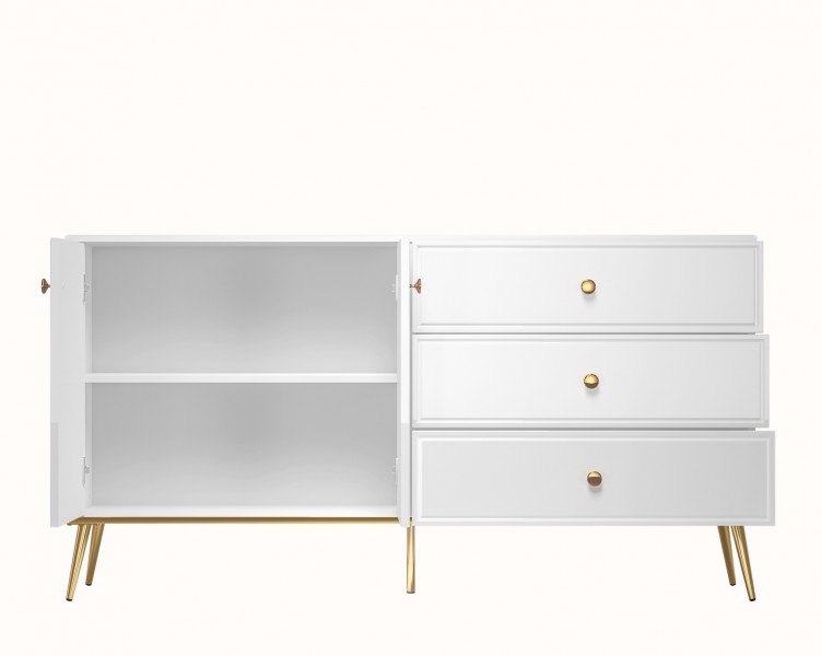 Komoda 160 cm Goldin 04, biały połysk / złoty